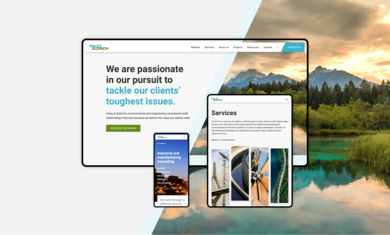 Scenic background of mountains behind a lake with renderings of revamped Haley Aldrich website for desktop, mobile and tablet