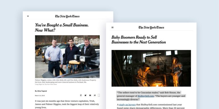 screenshots of two New York Times articles titled "You've Bought a Small Business. Now What?" and "Baby Boomers Ready to Sell Business to the Next Generation"