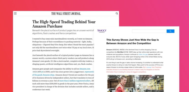 screenshots of Wall Street Journal and Yahoo Finance articles featuring feedvisor research against a red-pink background