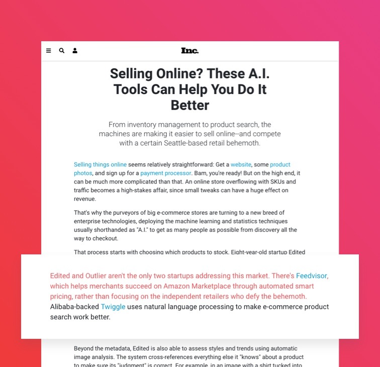 Screenshot of Inc. article titled "Selling online? These A.I. tools can help you do it better" with a callout box highlighting the article's mention of Feedvisor