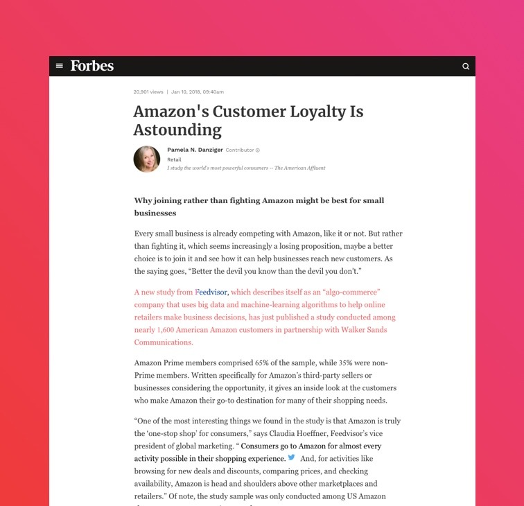Screenshot of Forbes article against a red-pink background titled "Amazon's Customer Loyalty Is Astounding"
