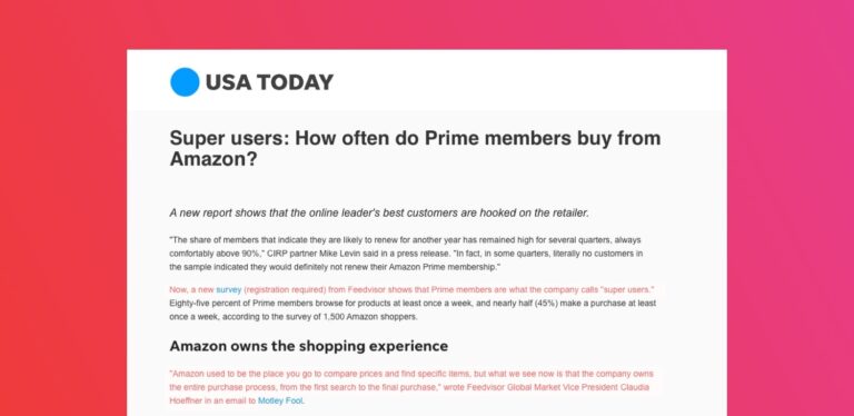 Screenshot of USA Today article titled "Super users: How often do Prime members buy from Amazon?" featuring a mention of Feedvisor's survey