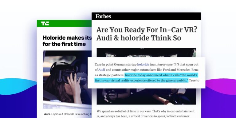 Screenshots of Forbes and Tech Crunch articles that mention holoride's in-car VR system