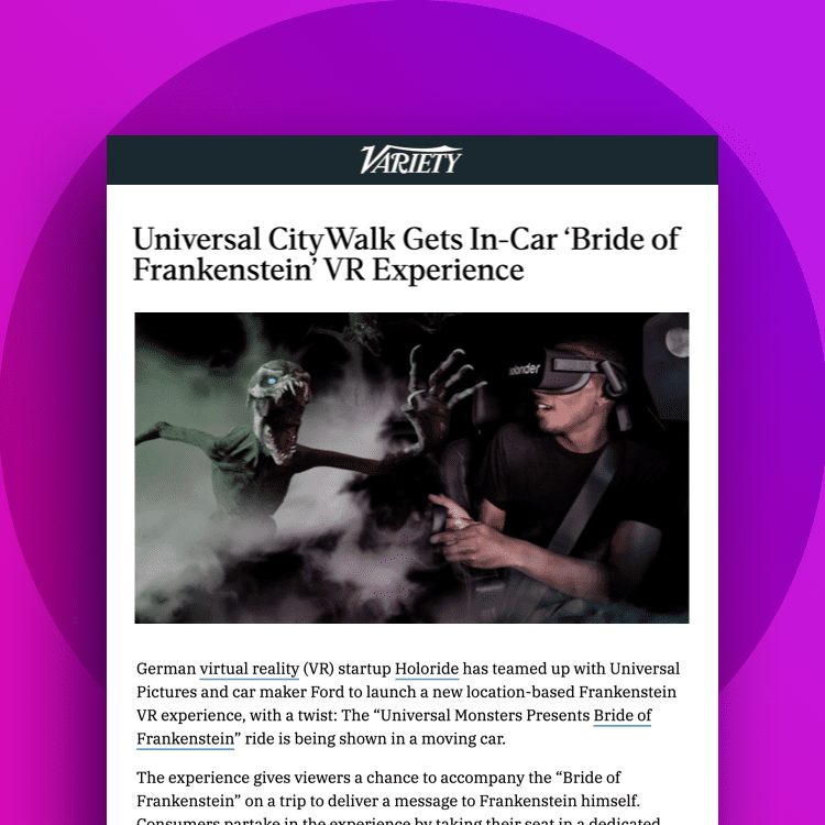 Screenshot of Variety article against a purple background. The article is titled "Universal CityWalk Gets In-Car 'Bride of Frankenstein' VR Experience"