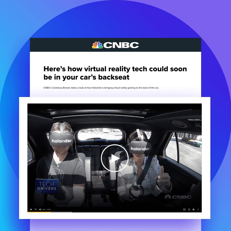 CNBC article titled "Here's how virtual reality tech could soon be in your car's backseat" with a screen grab of two people in a car using the holoride VR headsets