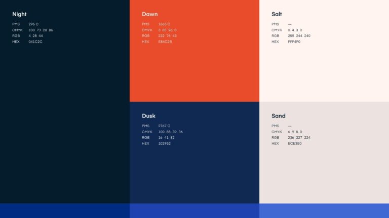 Walker Sands brand colors including night and dusk (dark blues), dawn (orange), salt (pinkish white) and sand (greyish white)