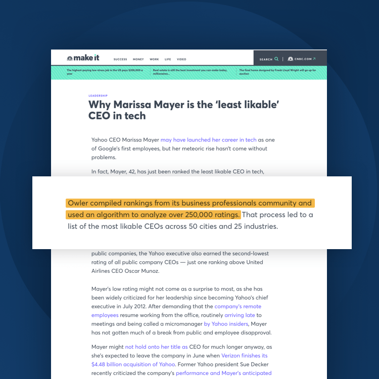 an article on NBC Make It titled "Why Marissa Mayer is the 'least likeable' CEO in tech" with a closeup showing a sentence reading "Owler compiled rankings from its business professionals community and used an algorithm to analyze over 250,000 ratings."