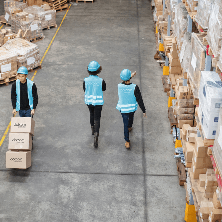 Three dotcom employees walking in a warehouse filled with boxes on pallets