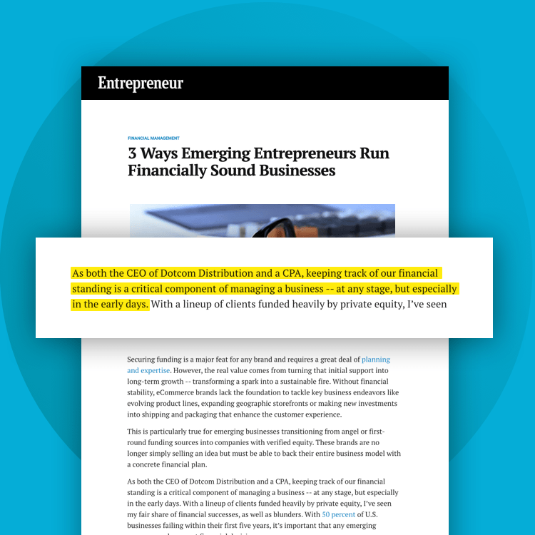 Screenshot of Entrepreneur article with highlighted text mentioning DotCom Distribution