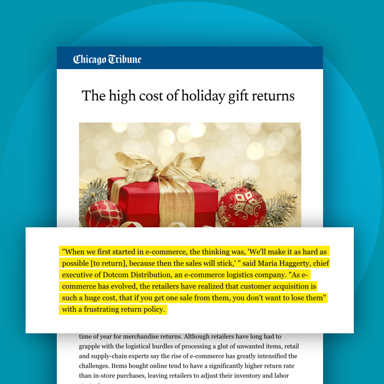 Screenshot of Chicago Tribune article with highlighted text mentioning Dotcom Distribution