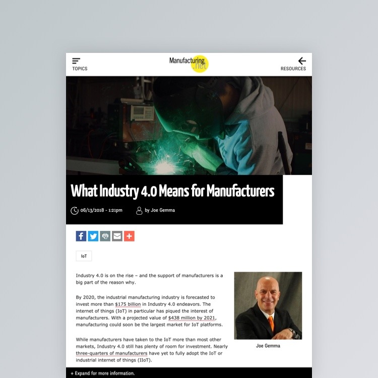 manufacturing.net article titled "what industry 4.0 means for manufacturers" illustrated by a photo of a welder and a headshot of article author joe gemma in a suit