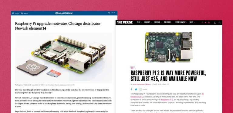 clips of news articles from the Chicago Tribune and the Verge about Raspberry Pi
