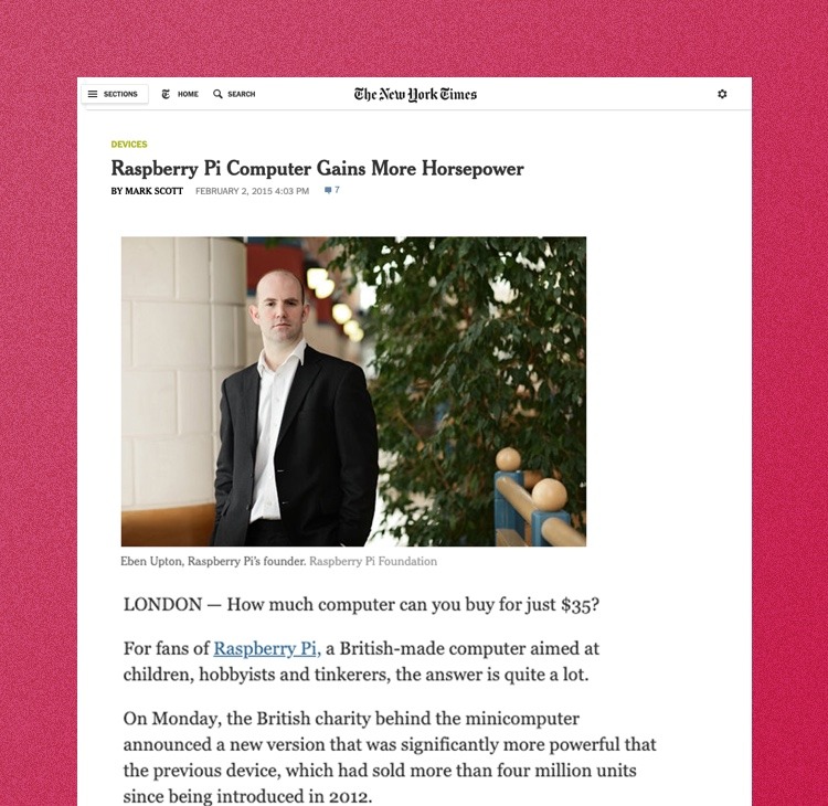 clip of a news article from the New York Times that reads "Raspberry Pi computer gains more horsepower"