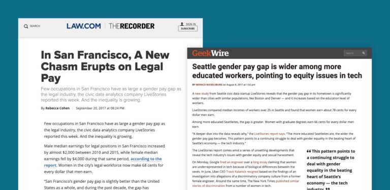 an article on law dot com the recorder titled "in san francisco, a new chasm erupts on legal pay" and an article on geekwire titled "seattle gender pay gap is wider among more educated workers, pointing to equity issues in tech"