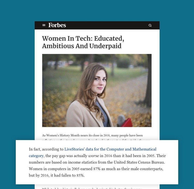 Forbes article titled "women in tech: educated, ambitious and underpaid" illustrated with a picture of a woman with long brown hair standing outside. a closeup of the article reads: "in fact, according to LiveStories' data for the Computer and Mathematical category, the pay gap was actually worse in 2016 than it had been in 2005. Their numbers are based on income statistics from the United States Census Bureau. Women in computers in 2005 earned 87% as much as their male counterparts, but by 2016, it had fallen to 85%."