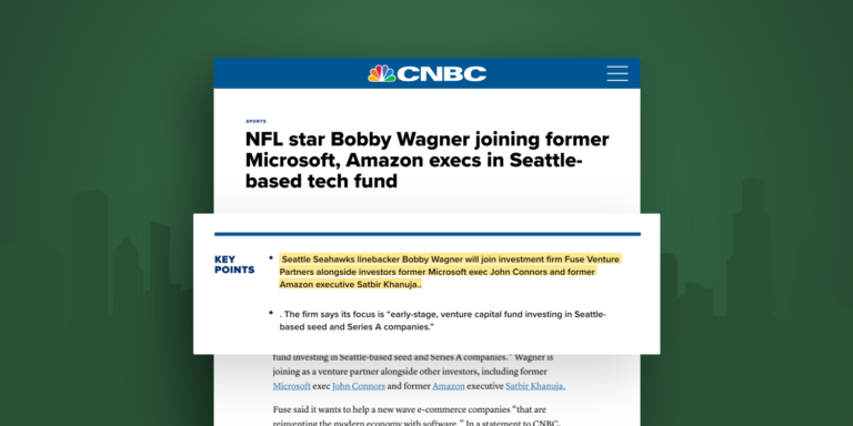 CNBC placement for FUSE reading "NFL star Bobby Wagner joining Microsoft, Amazon execs in Seattle-based tech fund"