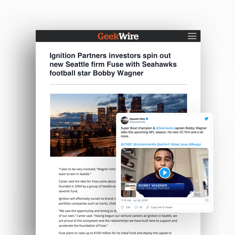 clip of geekwire news article featuring fuse that reads "ignition partners investors spin out new Seattle fuse with seahawks 