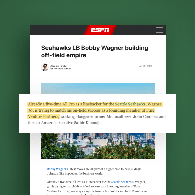 clip of ESPN news article that reads "seahawks LB bobby wagner building off-field empire"