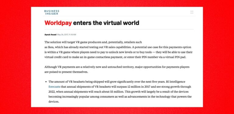 a Business Insider article titled "Worldpay enters the virtual world"