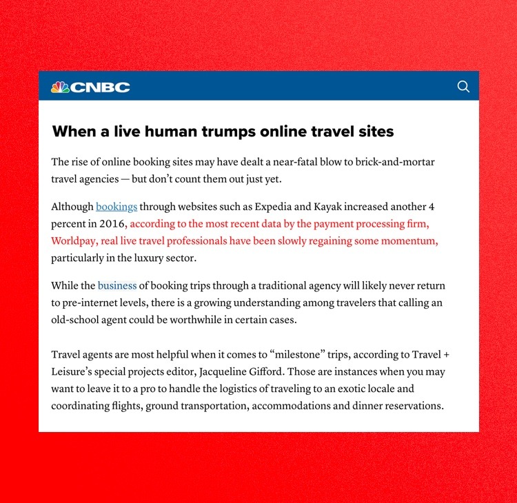 A CNBC article titled "When a live human trumps online travel sites"