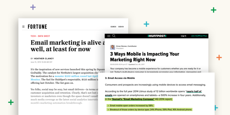 Screenshots of Fortune and Huffpost articles featuring Yes Lifecycle Marketing