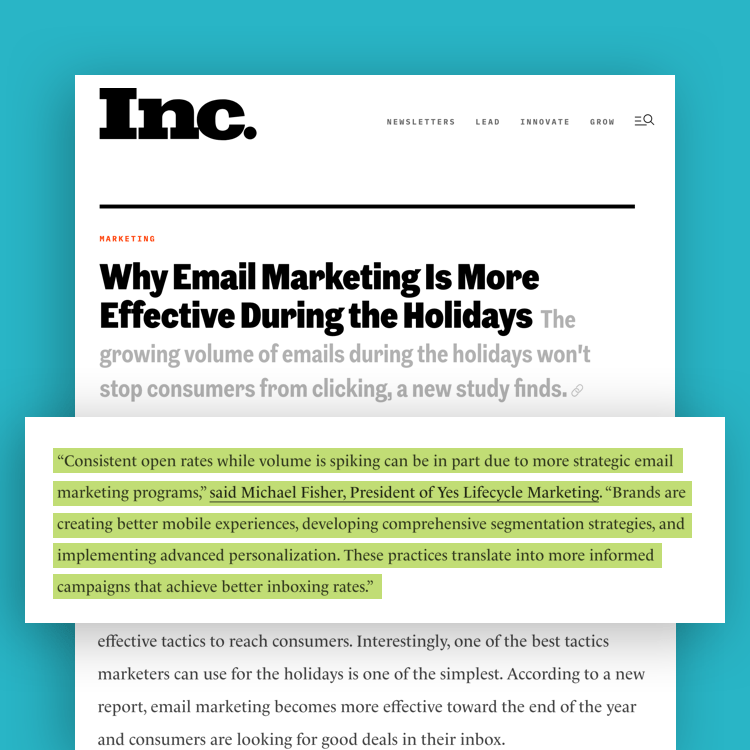 Screenshot of Inc. article titled "Why Email Marketing Is More Effective During the Holidays" featuring a quote from Yes Lifecycle Marketing president, Michael Fisher