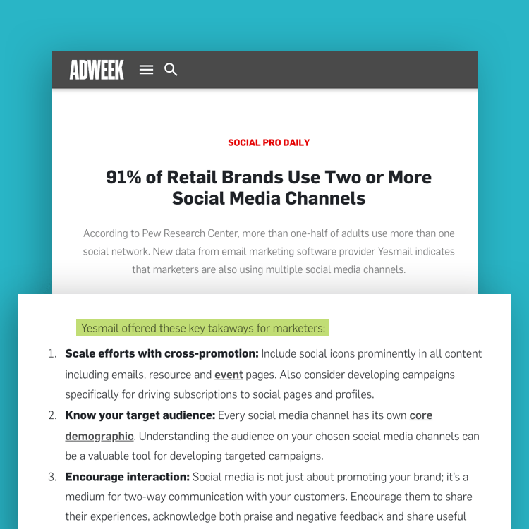 Screenshot of Adweek article titled "91% of Retail Brands Use Two or More Social Media Channels" that mentions Yesmail by Yes Lifecycle Marketing