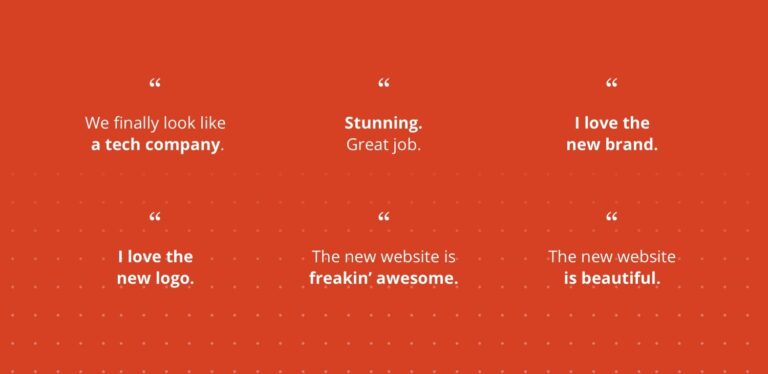 orange card with positive reactions to mattersight's rebranding including quotes that read "we finally look like a tech company," "stunning. great job," and "I love the new brand"