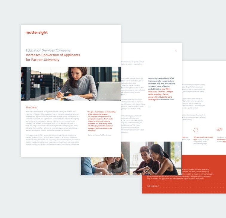 pages from a case study with new mattersight branding titled "education services company increases conversion of applicants for partner university"