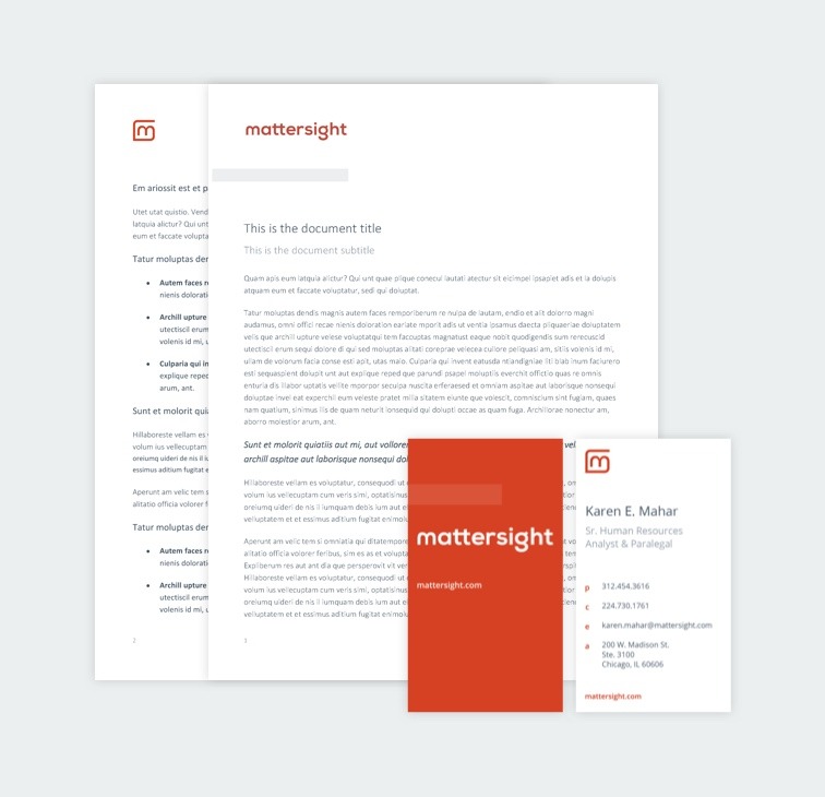 rendering of a document and business cards with mattersight's new branding