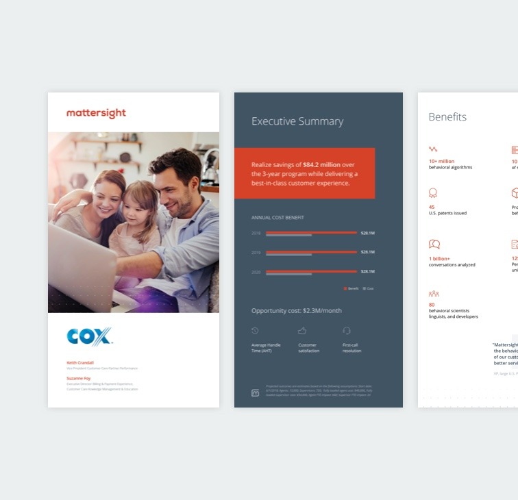 rendering of pages from a fact sheet featuring mattersight's new branding, illustrated with a photo of a man, a woman and a child looking at a laptop screen together