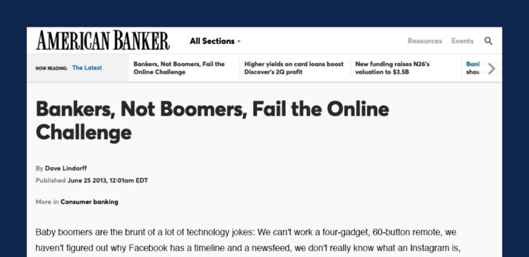 Screenshot of American Banker article titled "Bankers, Not Boomers, Fail the Online Challenge"