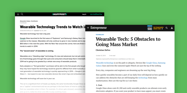 screenshots of articles in the huffington post about wearable technology 