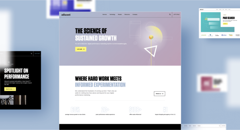 the front page of the redesigned adlucent website with the taglines "the science of sustained growth" and "where hard work meets informed experimentation"