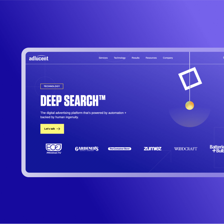 a landing page from the adlucent website titled "deep search" on a purple background, showing the Orb dangling from a string hanging through a white outlined square