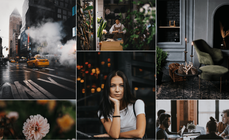 a collage of photos with a dark color scheme, including a city street, a florist, a dark green chair and ottoman, a light pink dahlia on a dark background, and a dark haired woman with her head in her hand gazing at the camera
