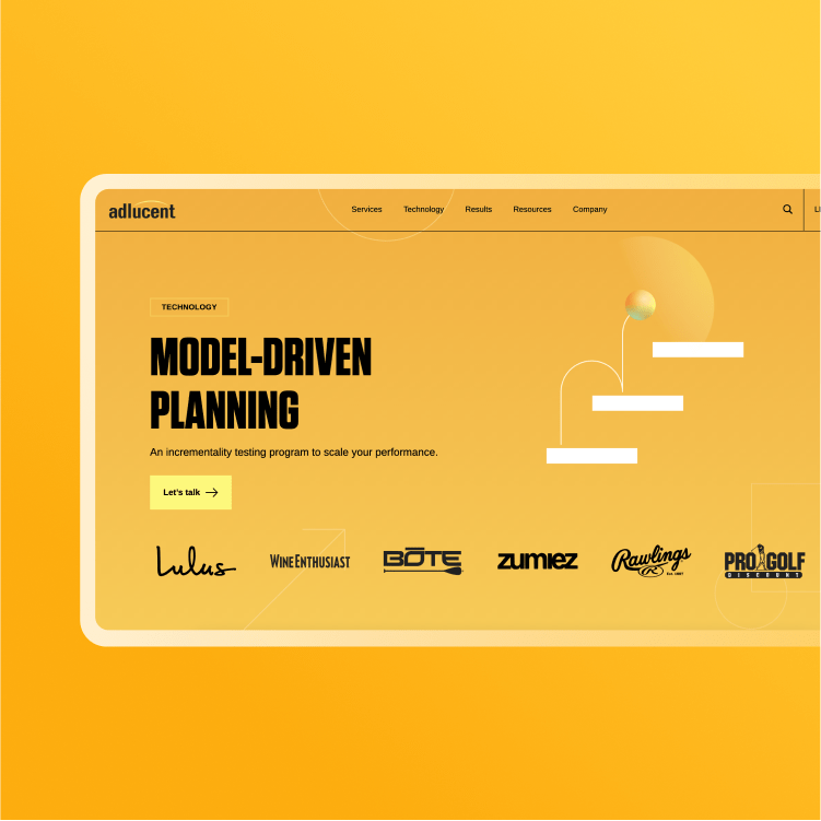 a page from the adlucent website titled "model-driven planning" on a gold background, showing the Orb bouncing up three white steps