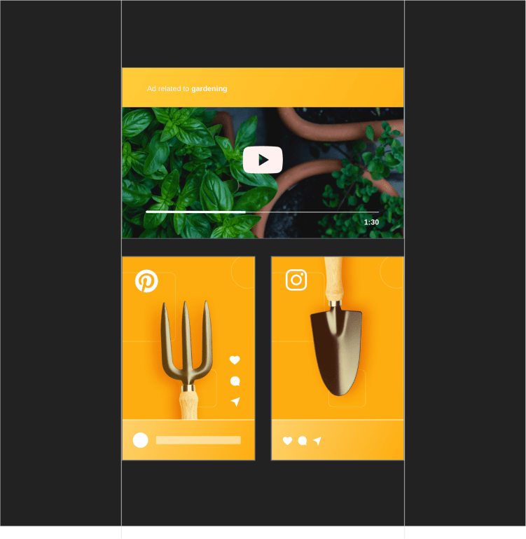 a gold-colored graphic of a stylized youtube video labeled "ads related to gardening" showing plants in pots, a stylized pinterest post with a small rake and a stylized instagram post with a hand trowel