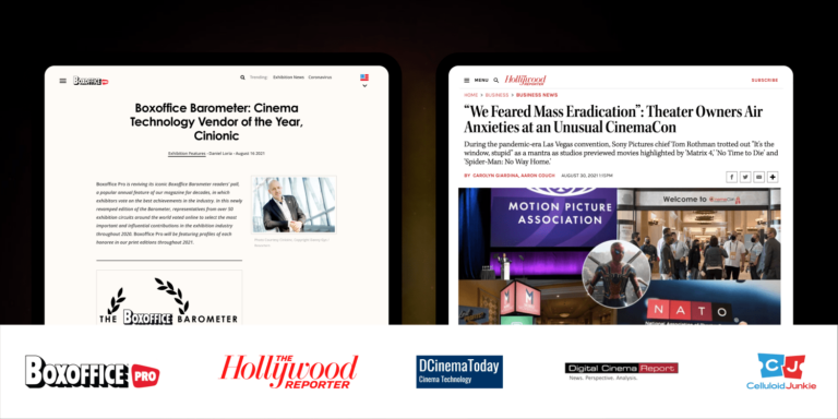 news articles on Boxoffice Pro and Hollywood Reporter featuring Cinionic