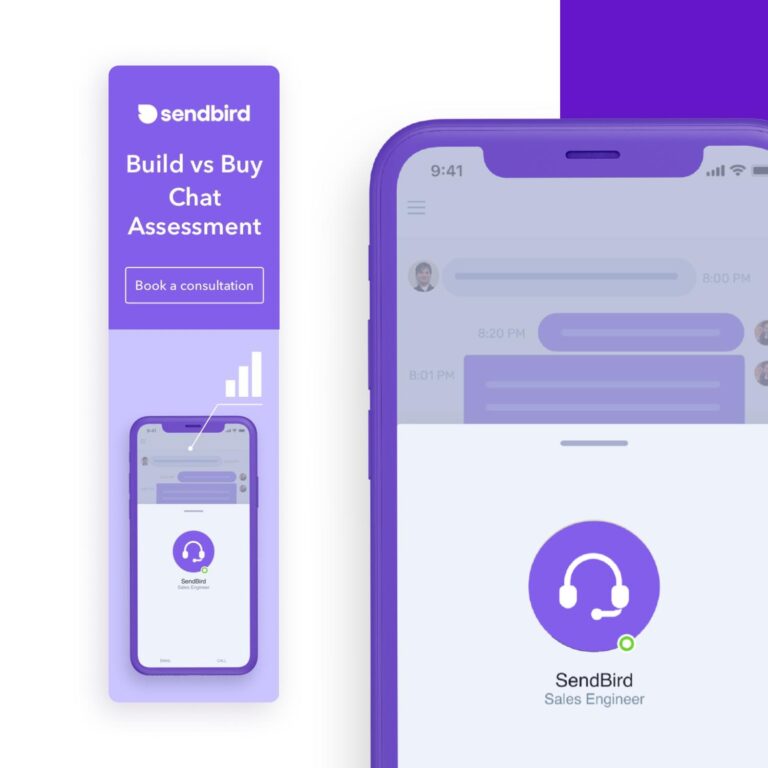 an ad with the tagline "build vs. buy chat assessment" with a button reading "book a consultation" and an illustration of a smartphone screen with an icon of an audio headset in a violet circle