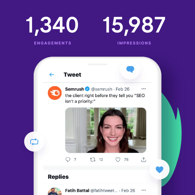 Screenshot of Semrush Tweet (X post), meme of Anne Hathaway about SEO. White text against purple background above the screenshot that reads "1,340 engagements" and "15,987 impressions"
