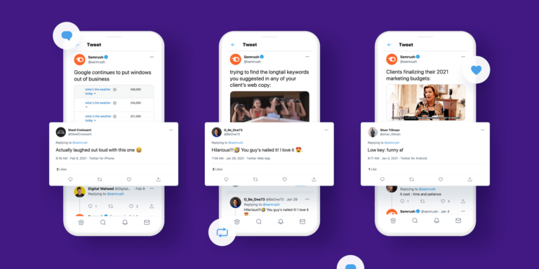 Rendering of three smartphones displaying Semrush tweets (X posts) and responses from people saying that the posts are funny