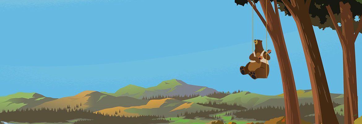 animation of a bear on a swing with a scenic background