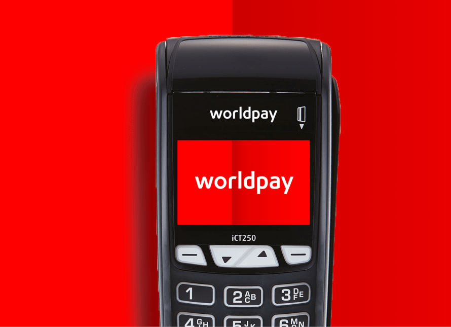 the red worldpay logo on the screen of a handheld point of sale device