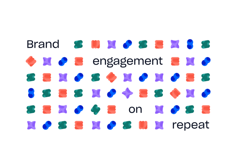 a graphic showing the words "brand engagement on repeat" interspersed with violet, blue and peach pink ebbo brand shapes