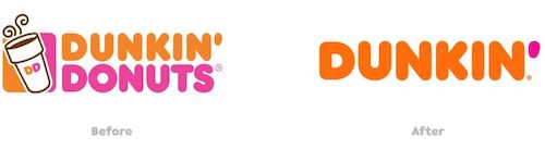 Dunkin Donuts logos shown before and after its rebrand to Dunkin