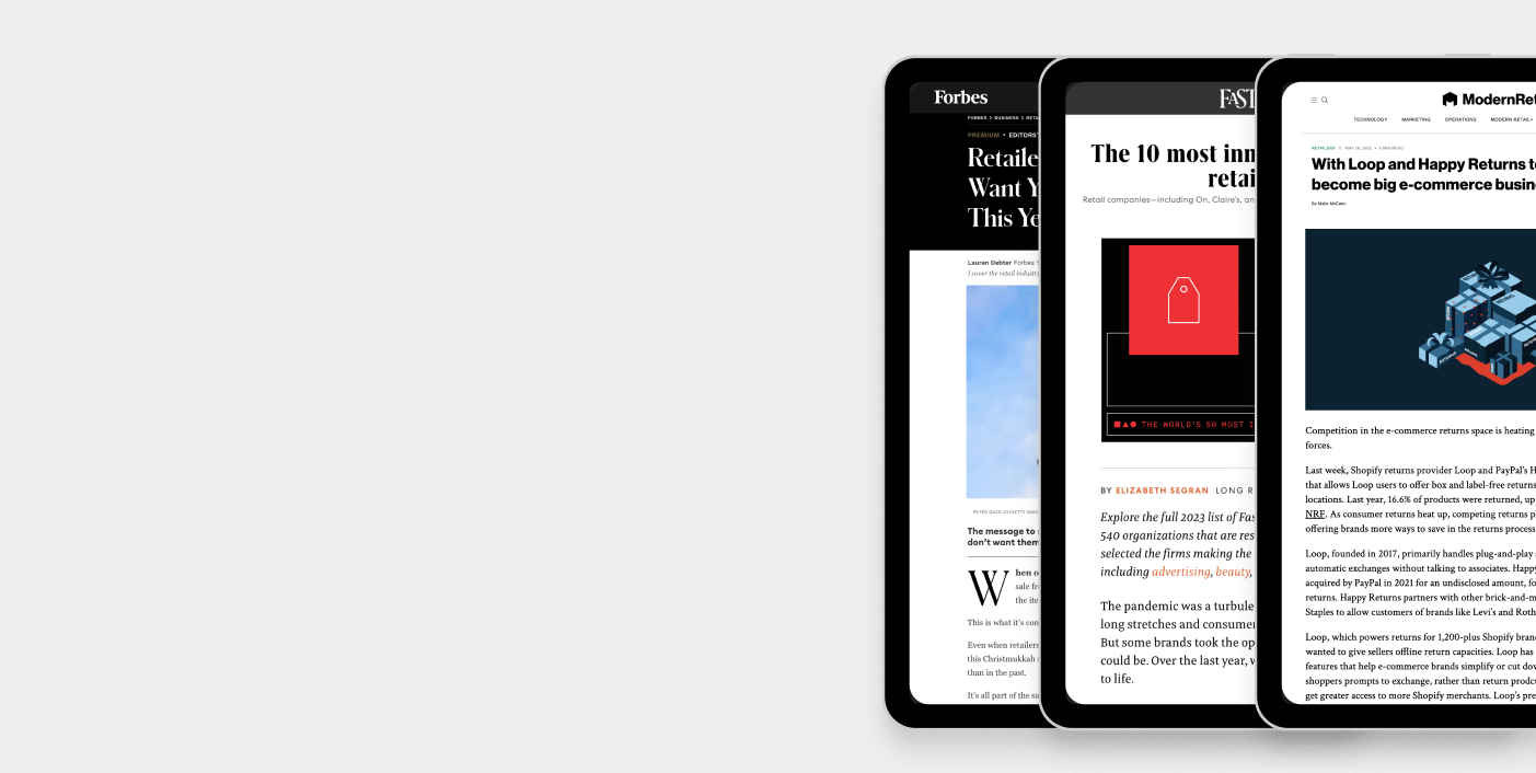 Rendering of three tablets displaying news articles that mention Loop