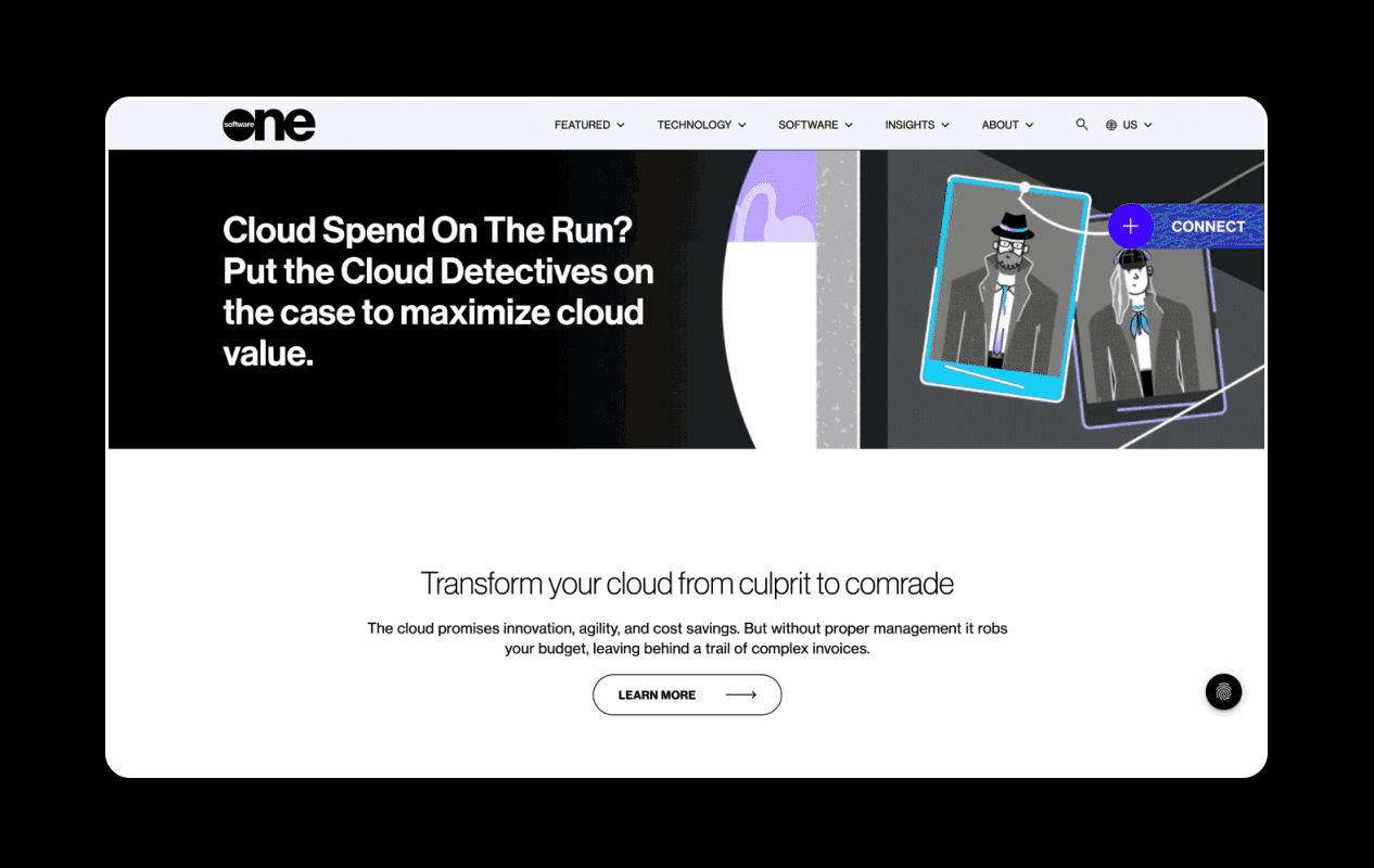 Motion graphic of SoftwareOne Cloud Detectives campaign landing page