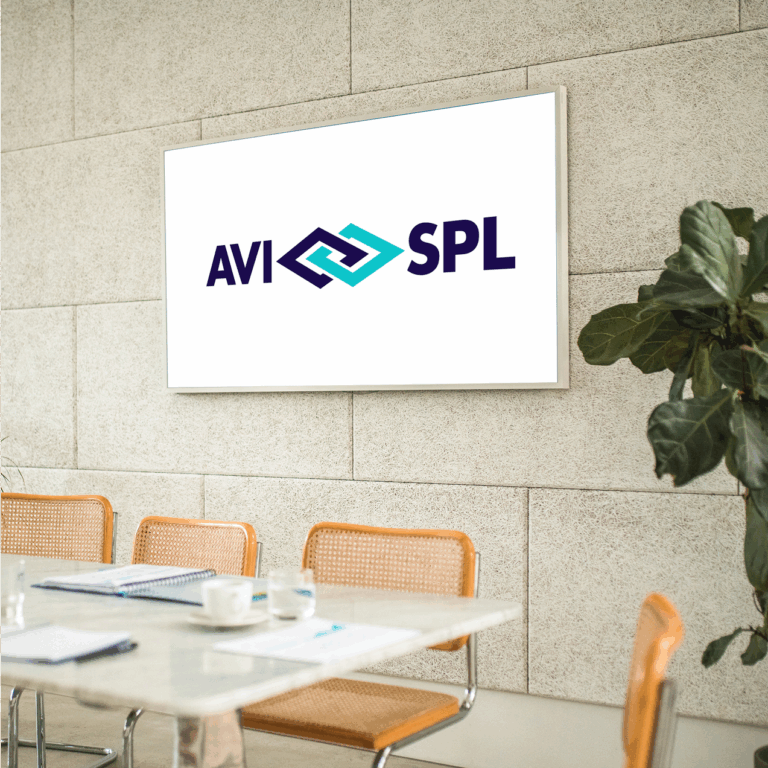 AVI-SPL branding and logo mock up on screen in office setting