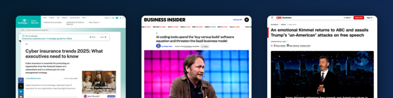 Screenshots of Cyber Insurance Trends 2025 article, Business Insider on AI coding disrupting SaaS, and CNN on Kimmel and Trump.
